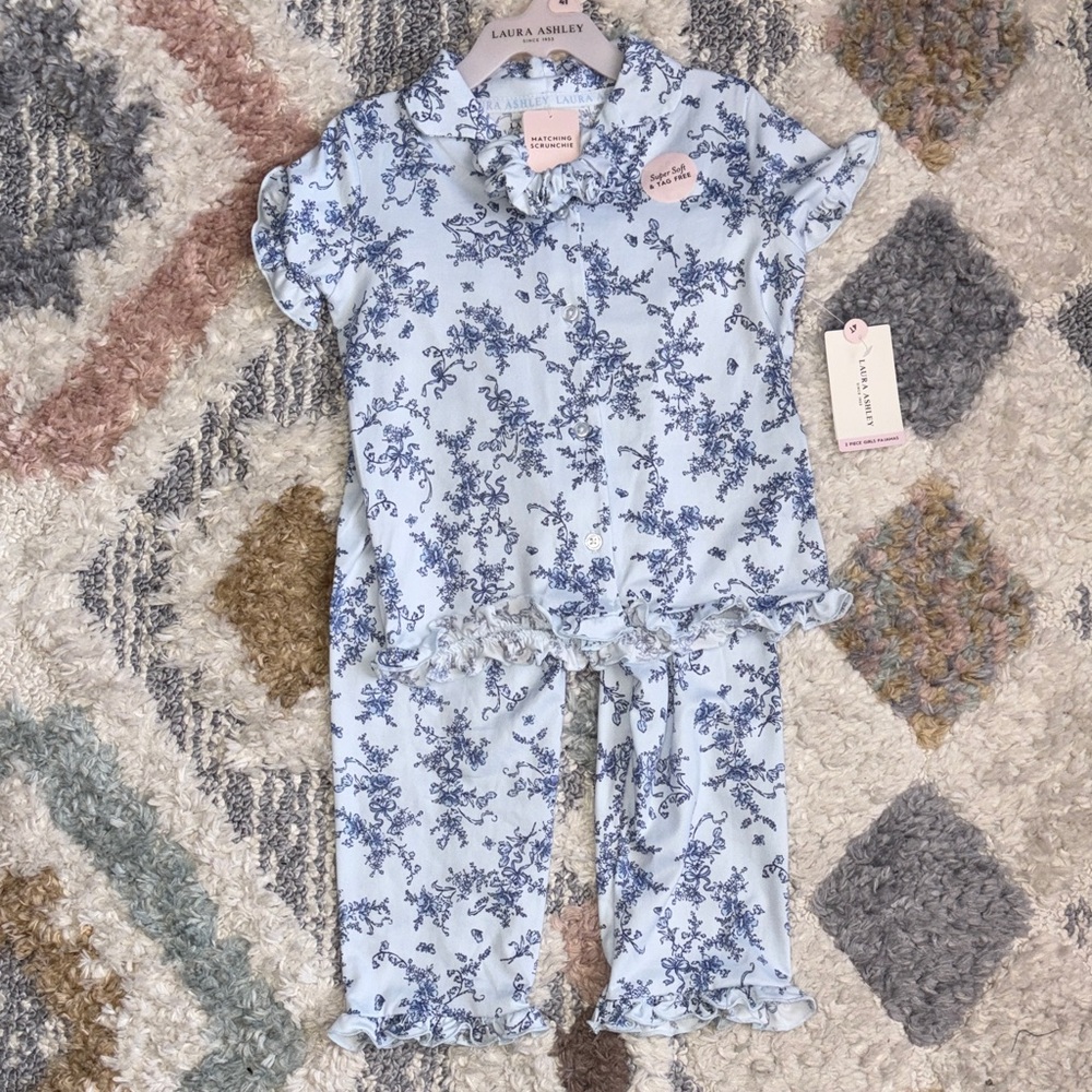 Laura Ashley Kids Pajama Set with Blue Floral Pattern w/Matching Scrunchie